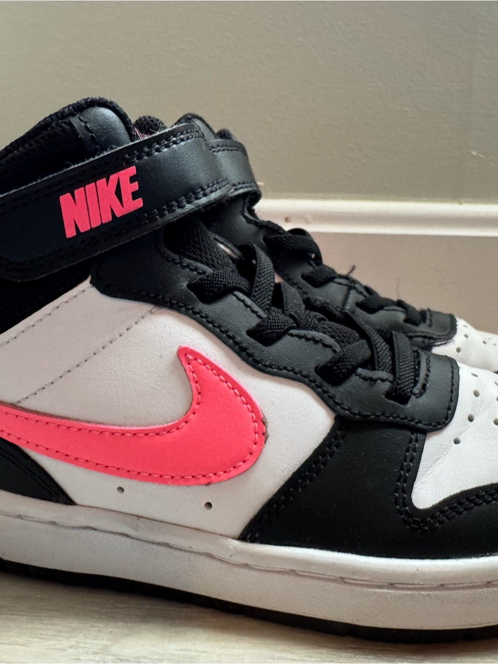 Nike Kids High-Top Court Sneakers in Black, White & Bright Pink